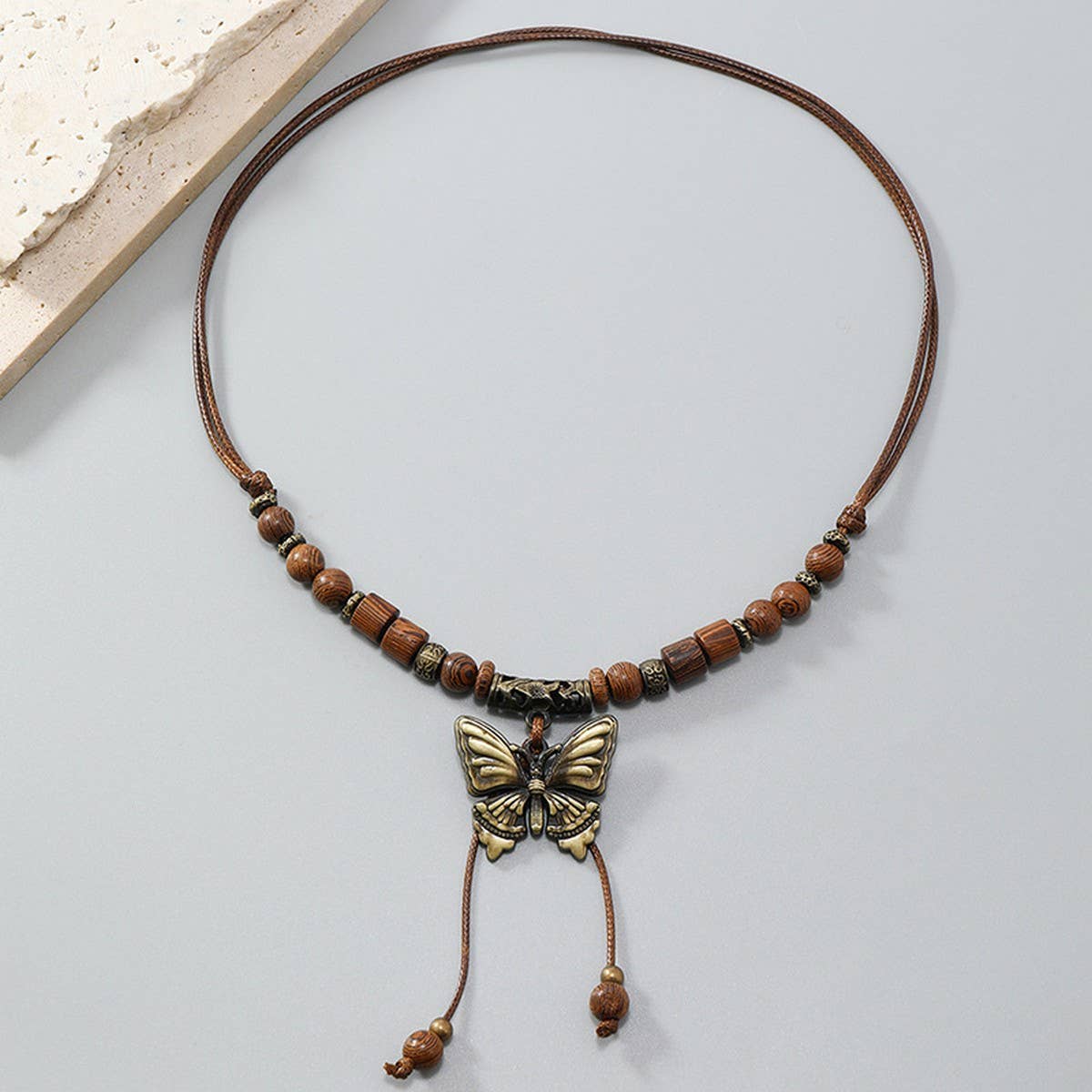 LONG WOODEN BEAD BUTTERFLY TASSEL NECKLACE_CWMM4586