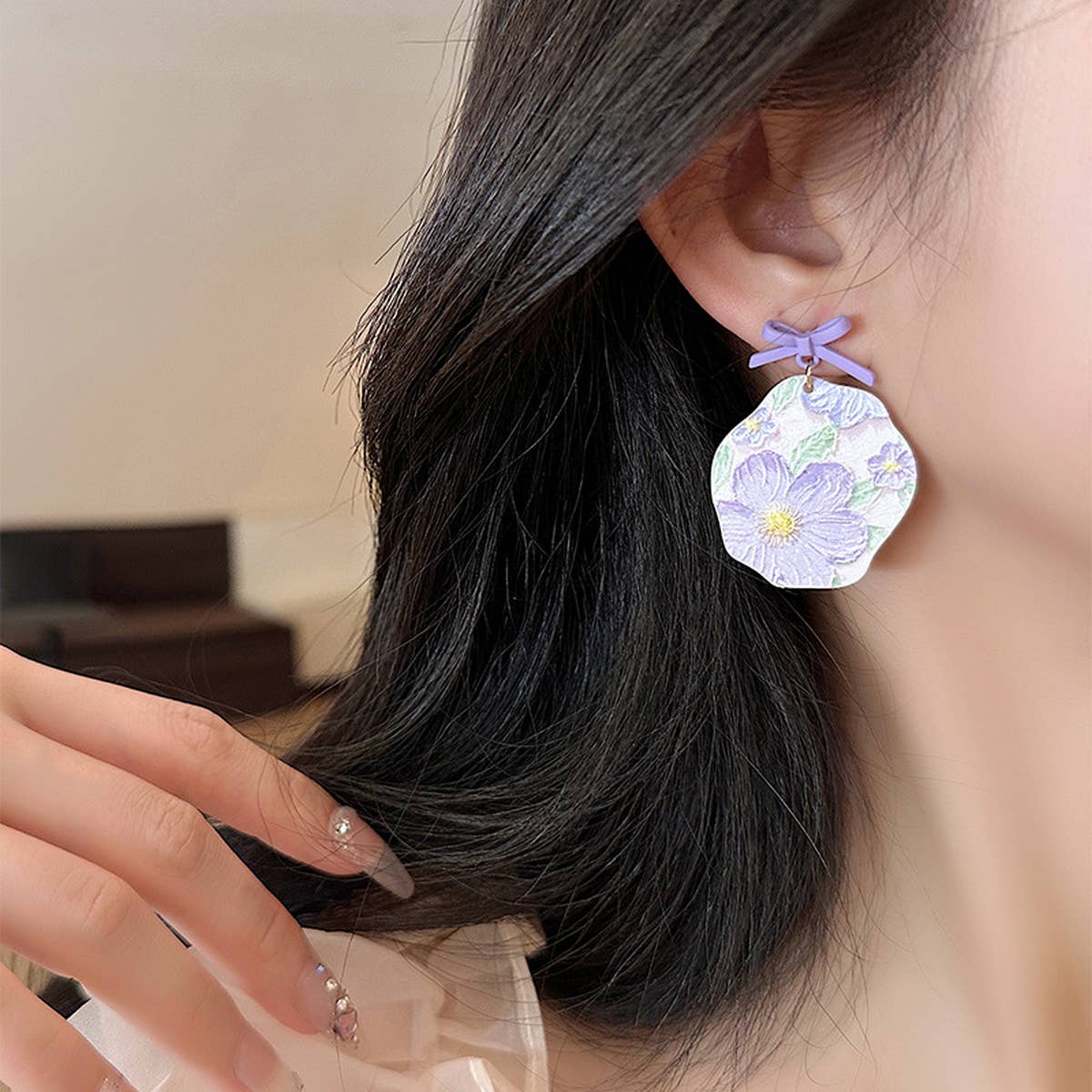 ROMANTIC PURPLE OIL PAINTING FLOWER ART EARRINGS_CWAJE1633
