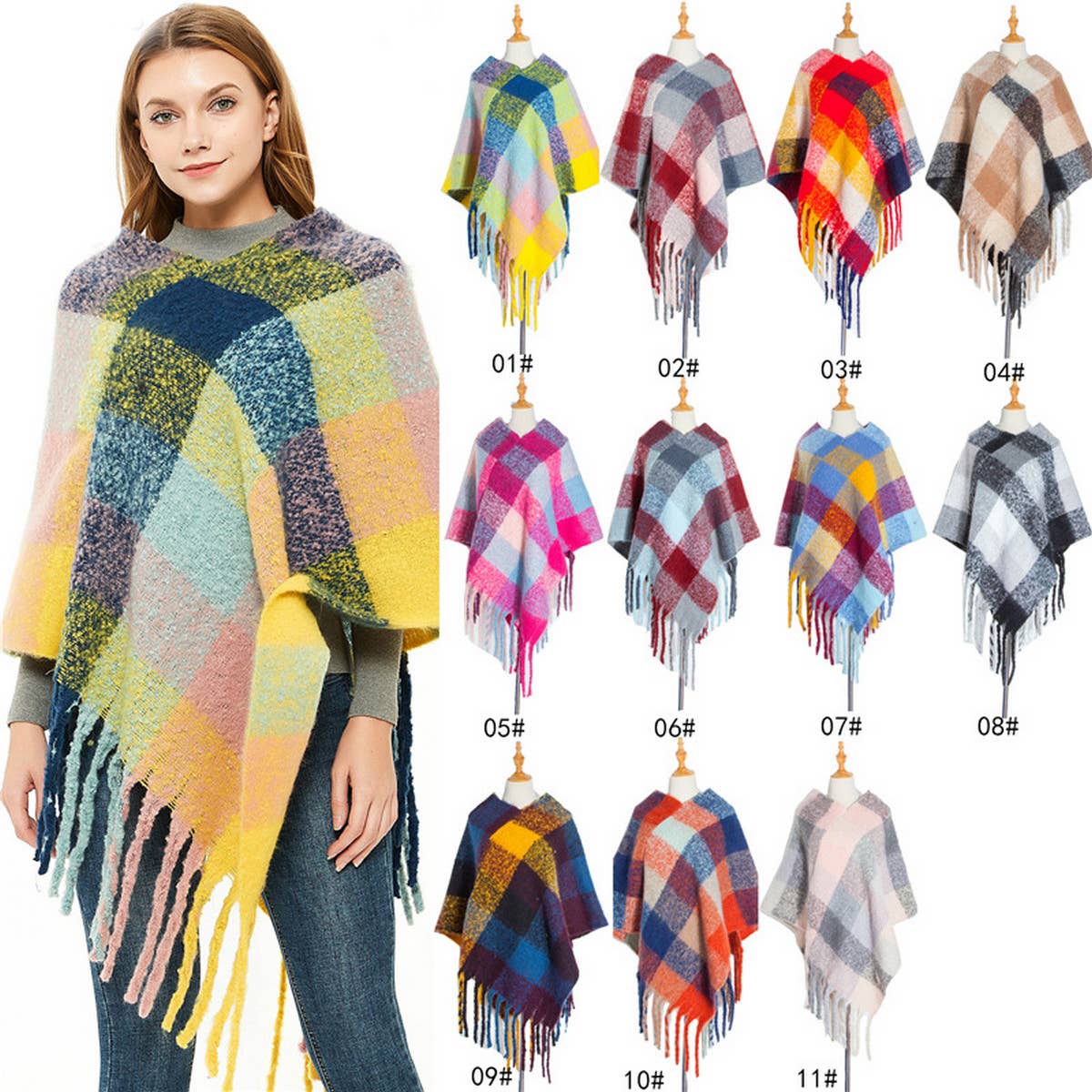 BOUCLE YARN THICK TASSEL COLORFUL PLAID SHAWL_CWASC1208