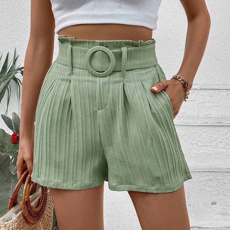 Solid Color Pleated Shorts With Belt
