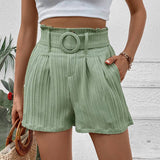 Solid Color Pleated Shorts With Belt
