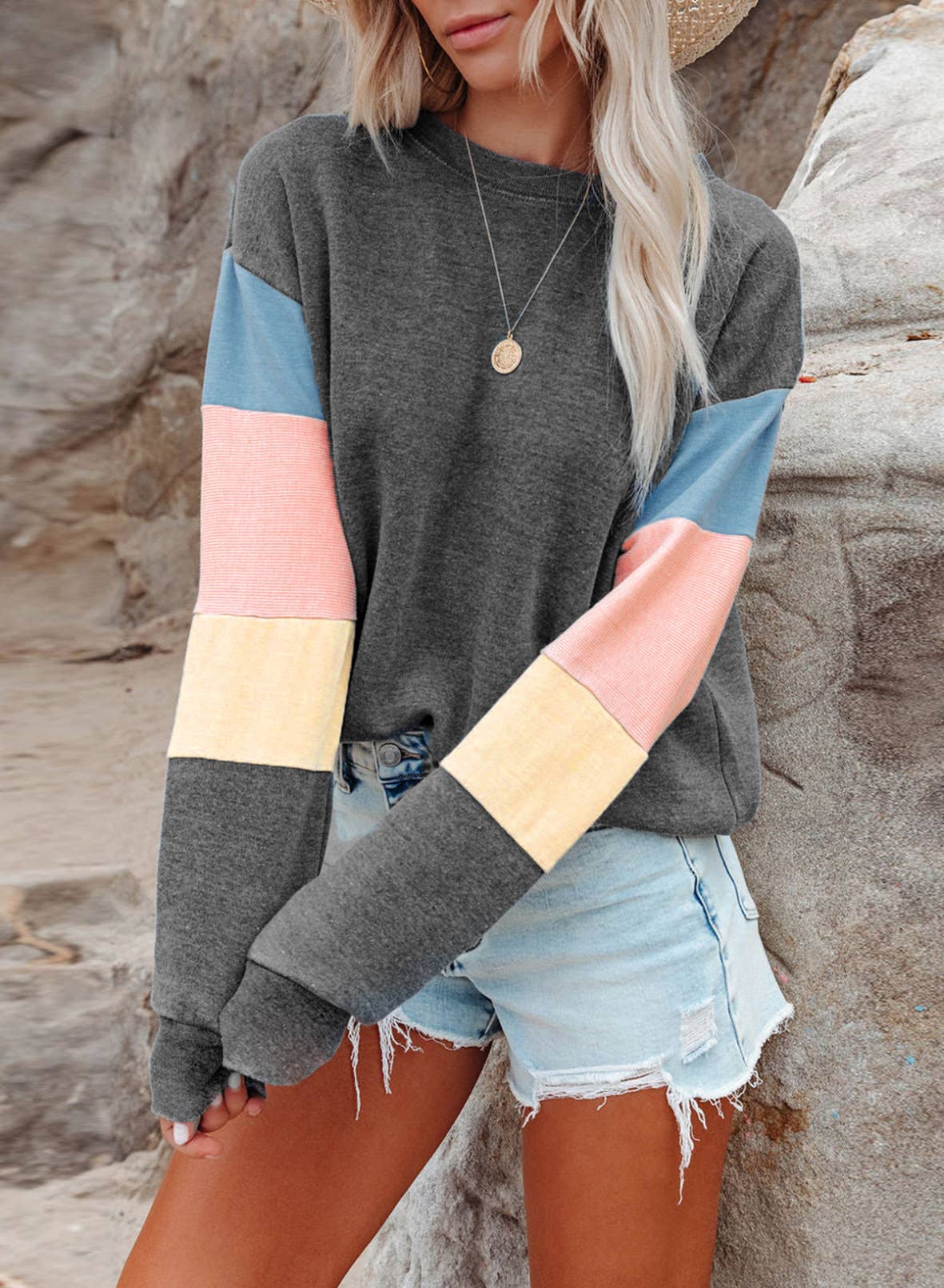 Womens Crew Neck Color Pullover Loose Hoodie