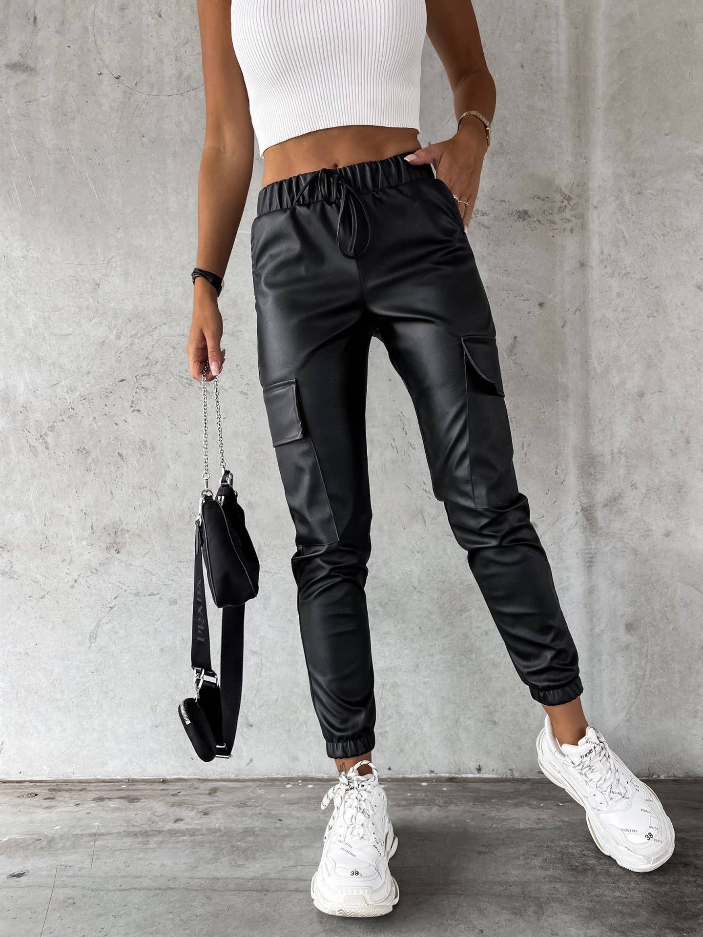 Waist-Cinching Street Drawstring Leather Pants