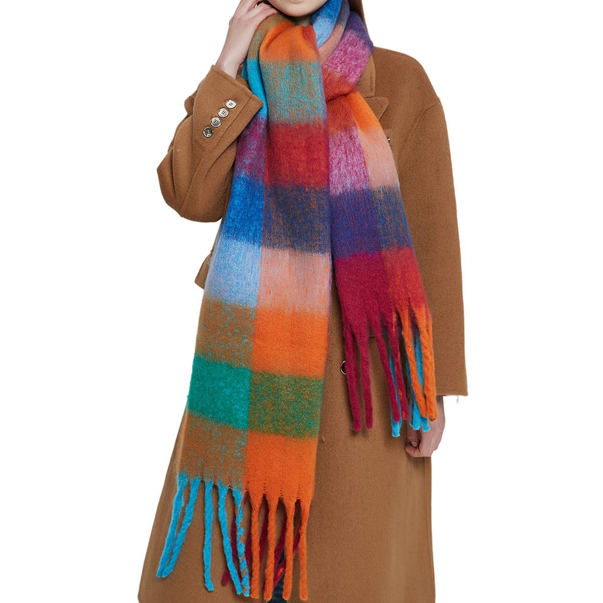 RAINBOW PLAID FUZZY SCARF THICK WINTER SHAWL WRAP_CWASC1051