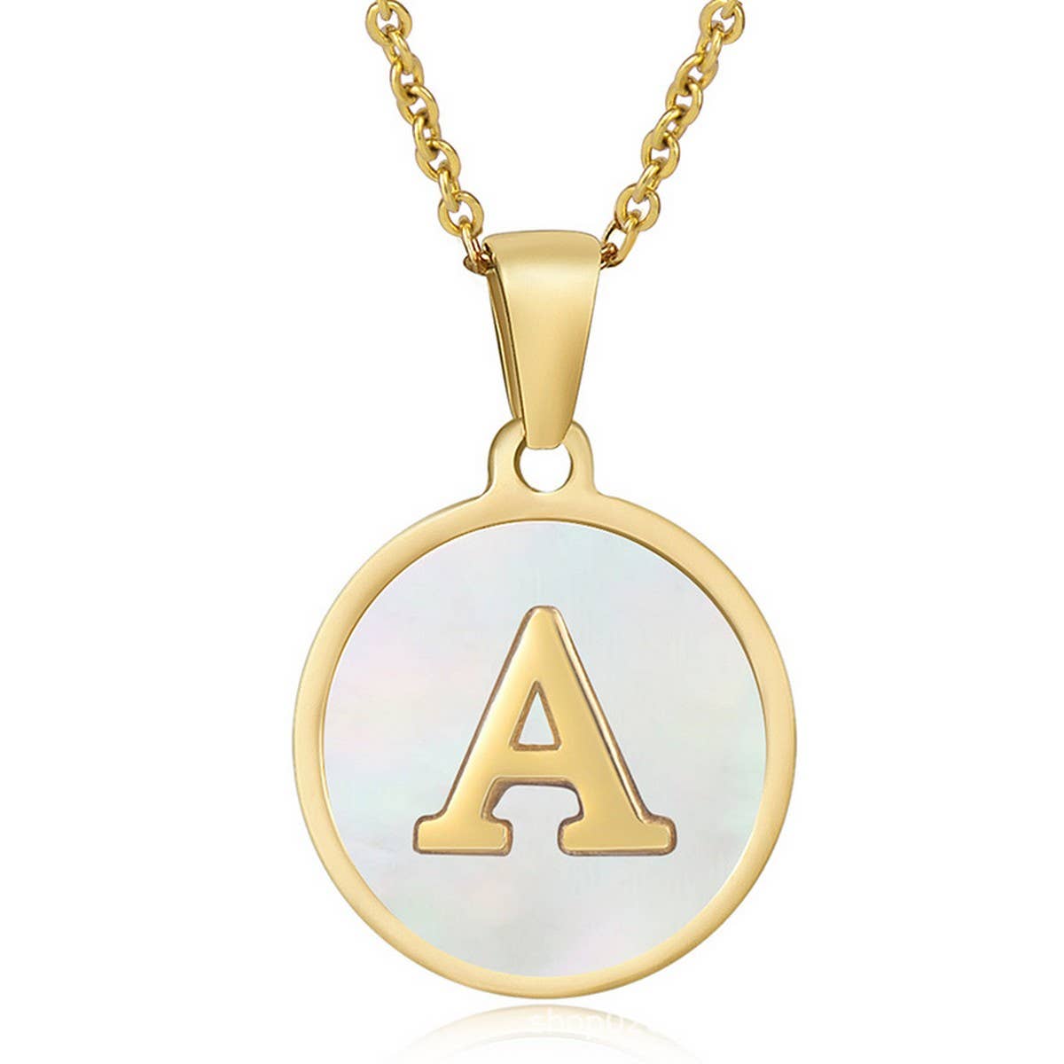 Cwaje1934_Round Stainless Steel White Shell Letter Necklace