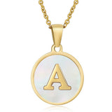 Cwaje1934_Round Stainless Steel White Shell Letter Necklace