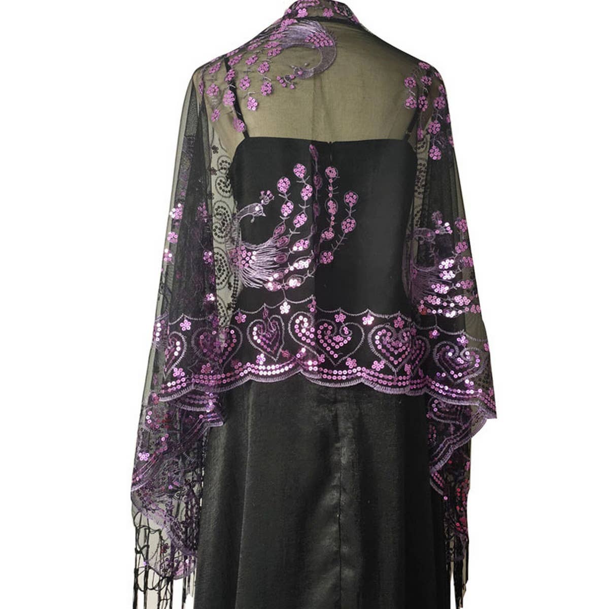 PEACOCK EMBROIDERED SEQUINED TASSEL CAPE_CWASC1077