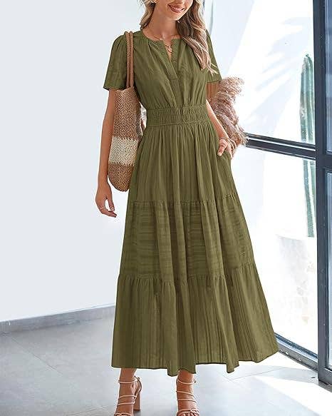 V-Neck Pleated Puffy Sleeve Short Sleeved Dress
