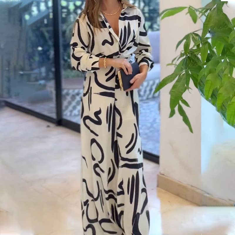 Stylish Casual Print Lapel Baggy Jumpsuit