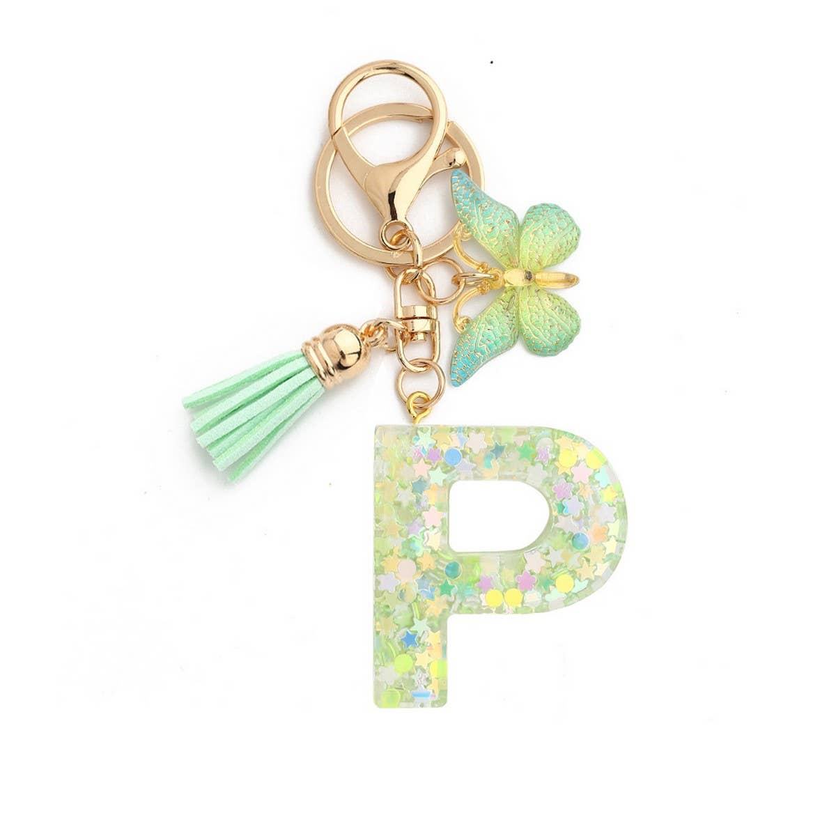GREEN BUTTERFLY RESIN LETTER KEYCHAIN WITH GLITTER_CWAB5079