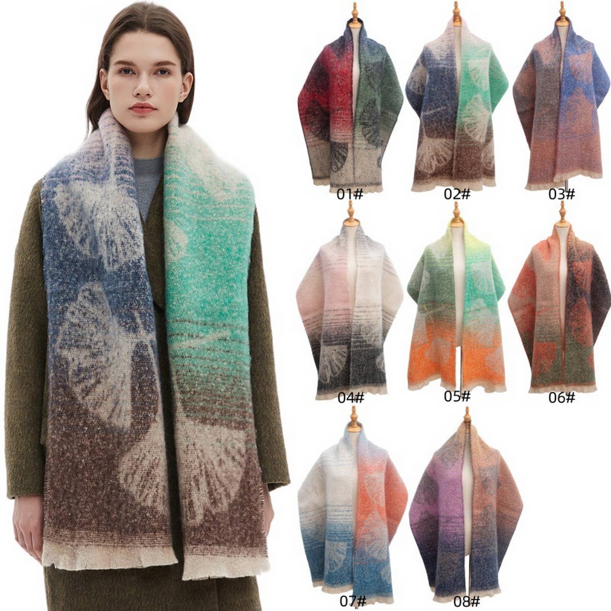 GINKGO JACQUARD SCARF LOOP YARN FRINGE WINTER_CWASC0864