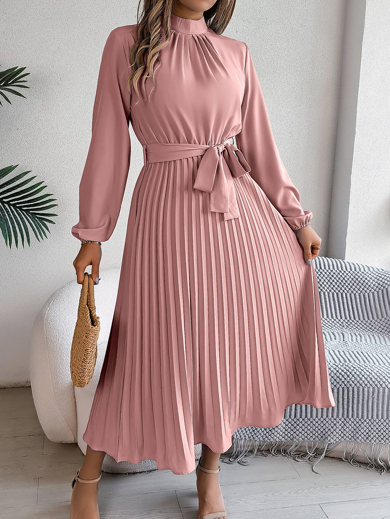 Standing Collar Long Sleeve Pleated Long Dress