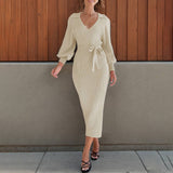 Solid Color Long V-Neck Lace-Up Lapel Dress