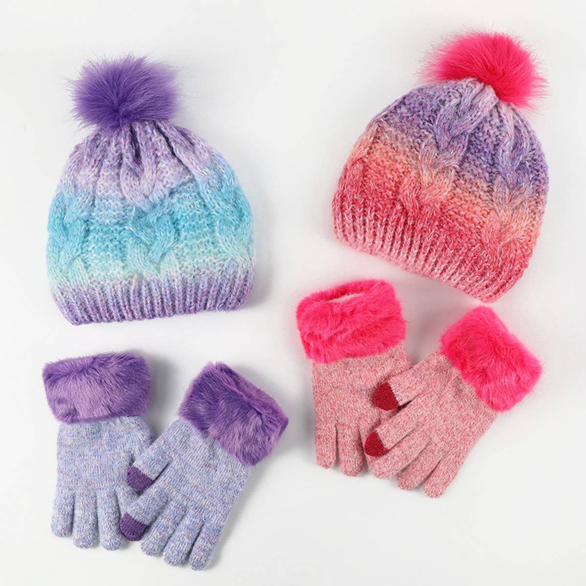 CHILDRENS FUR BALL HAT AND GLOVES TWO PIECE SET_CWMM2813