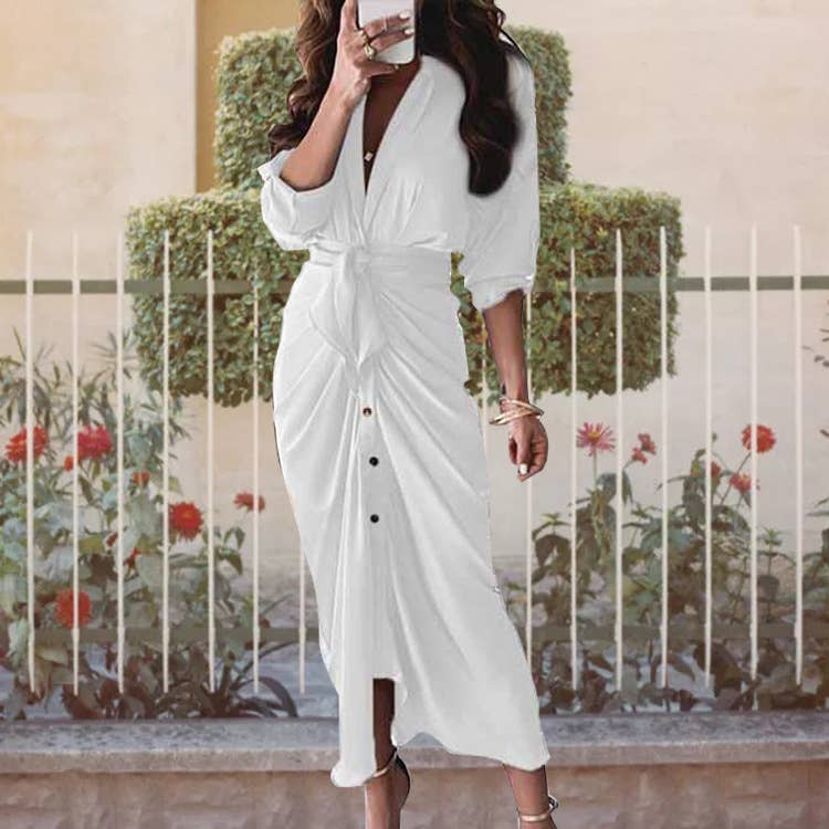 V-Neck Button-Up Long-Sleeved Shirt Dress