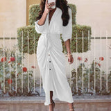 V-Neck Button-Up Long-Sleeved Shirt Dress