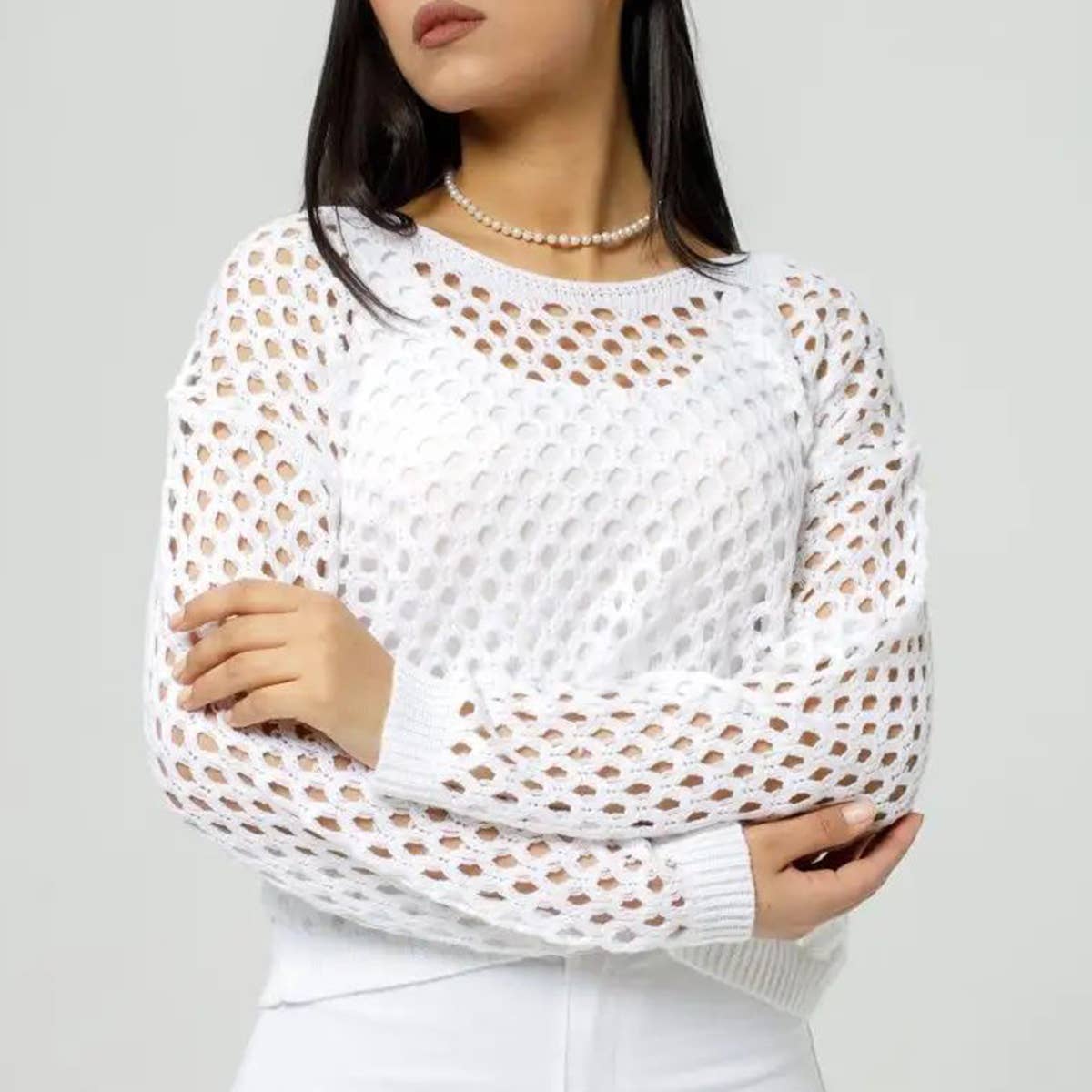 Solid Color Crew-Neck Hollow-Out Long-Sleeved Top