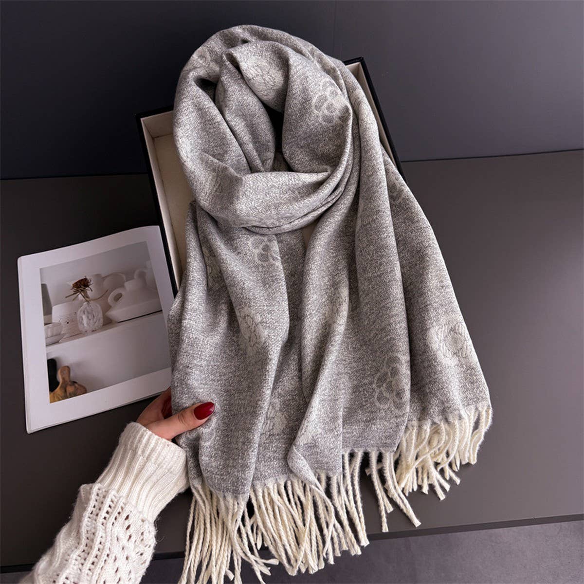 Elegant Camellia Cashmere Feel Tassel Scarf Wrap_Cwasc03244