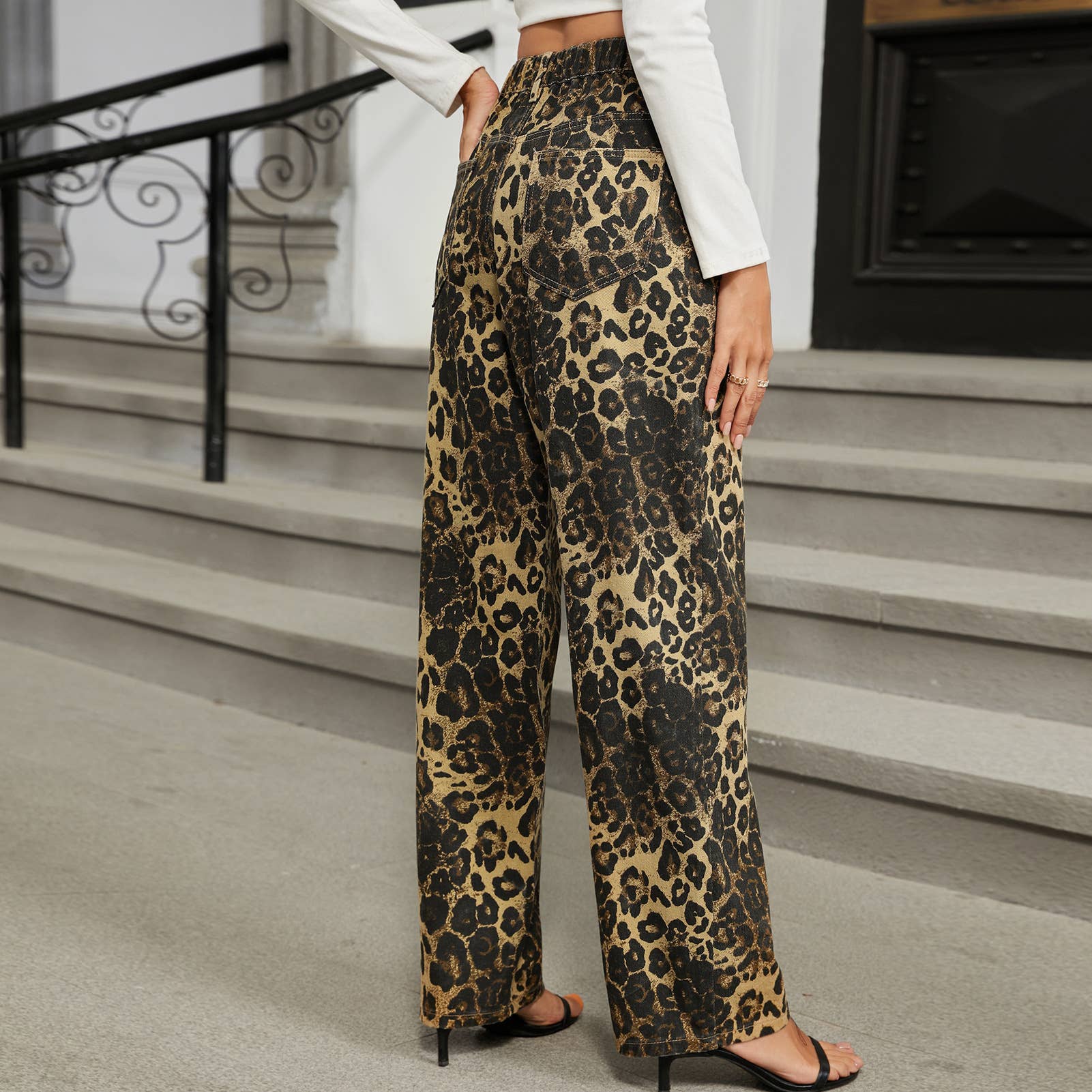 Washed Wild Leopard Denim Straight Leg Pants