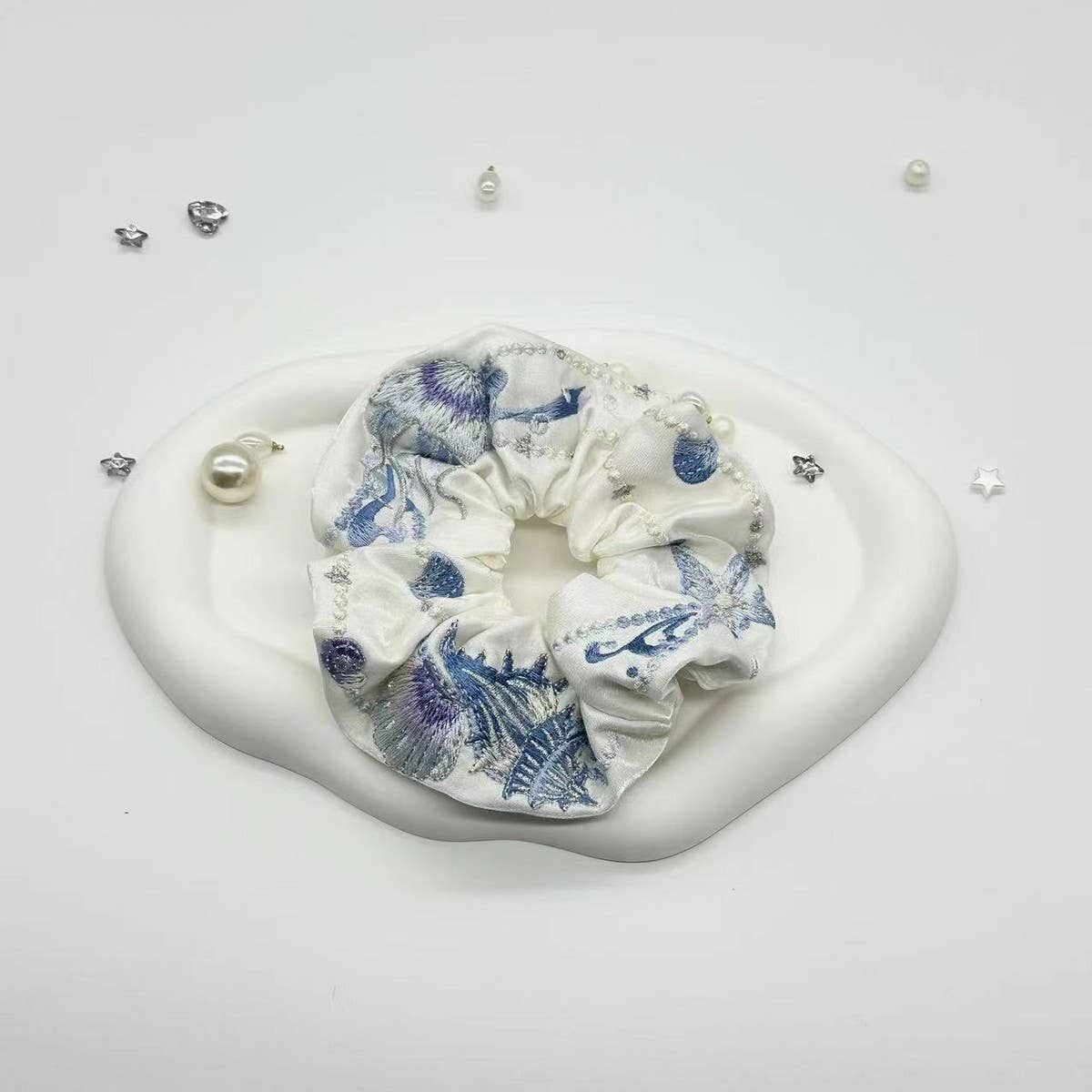 EMBROIDERED MARINE LIFE SQUARE SCARF HAIR TIE_CWAHA3691