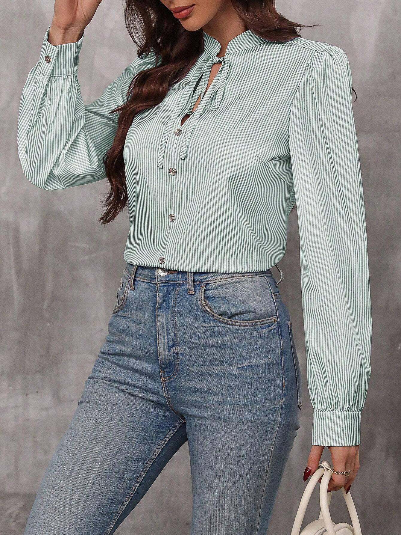 V-Neck Button-Up Striped Long-Sleeved Shirt