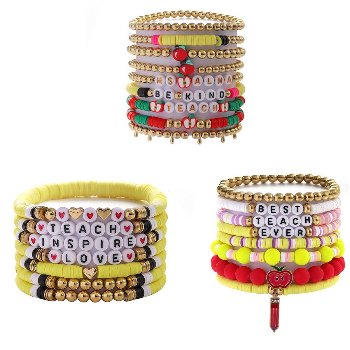 LOVE APPLE LETTER SOFT CLAY ELASTIC BRACELET SET_CWMM3537