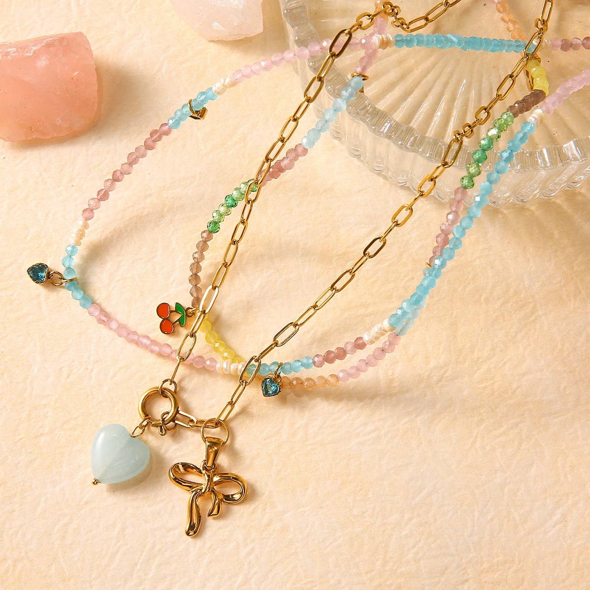 STAINLESS STEEL CHERRY NECKLACE WITH BOW CHARM_CWMM8826