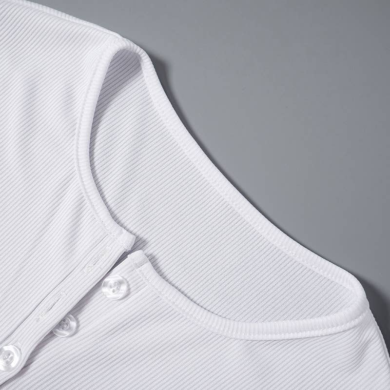 Solid Color Crew-Neck Button Casual Slim-Fit Top