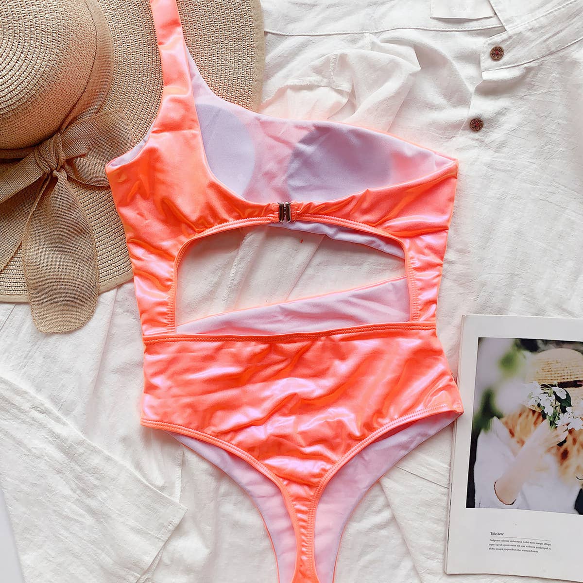 SEXY ONE SHOULDER PATENT LEATHER SWIMSUIT_CWMW0322