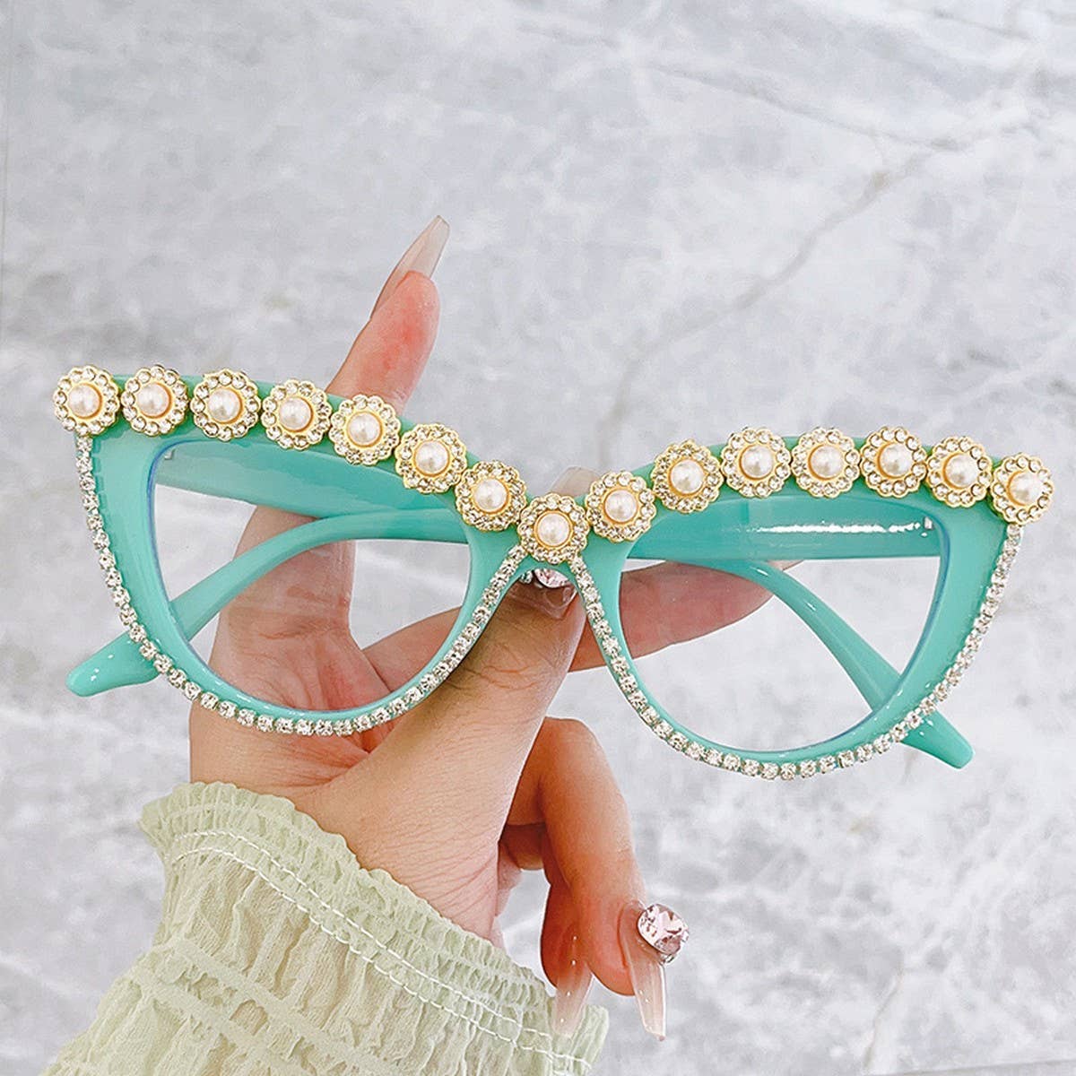 HANDMADE RHINESTONE PEARL RETRO CAT EYE SUNGLASSES_CWASG0268