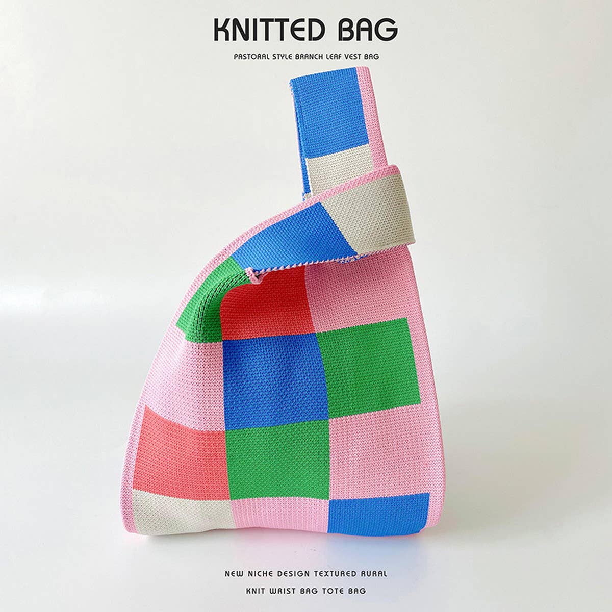PINK AND GREEN CHECKERBOARD KNIT TOTE BAG_CWAB2394