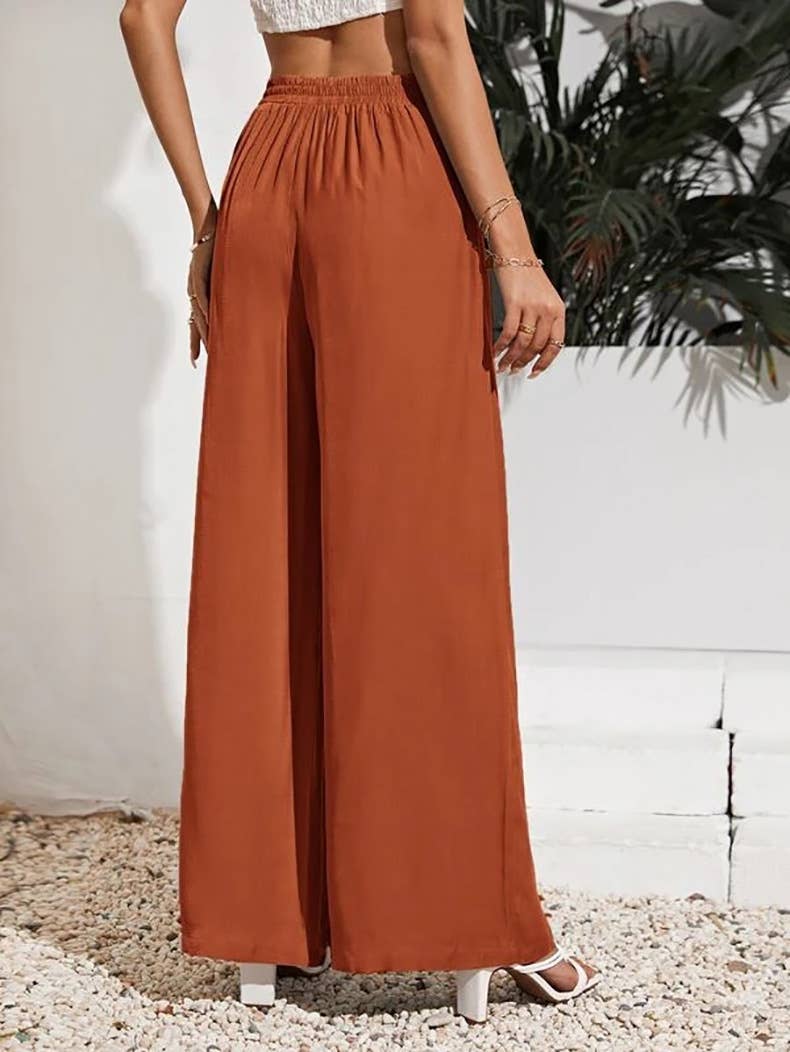 Solid-Color Loose Tight Waistband Wide-Leg Pants