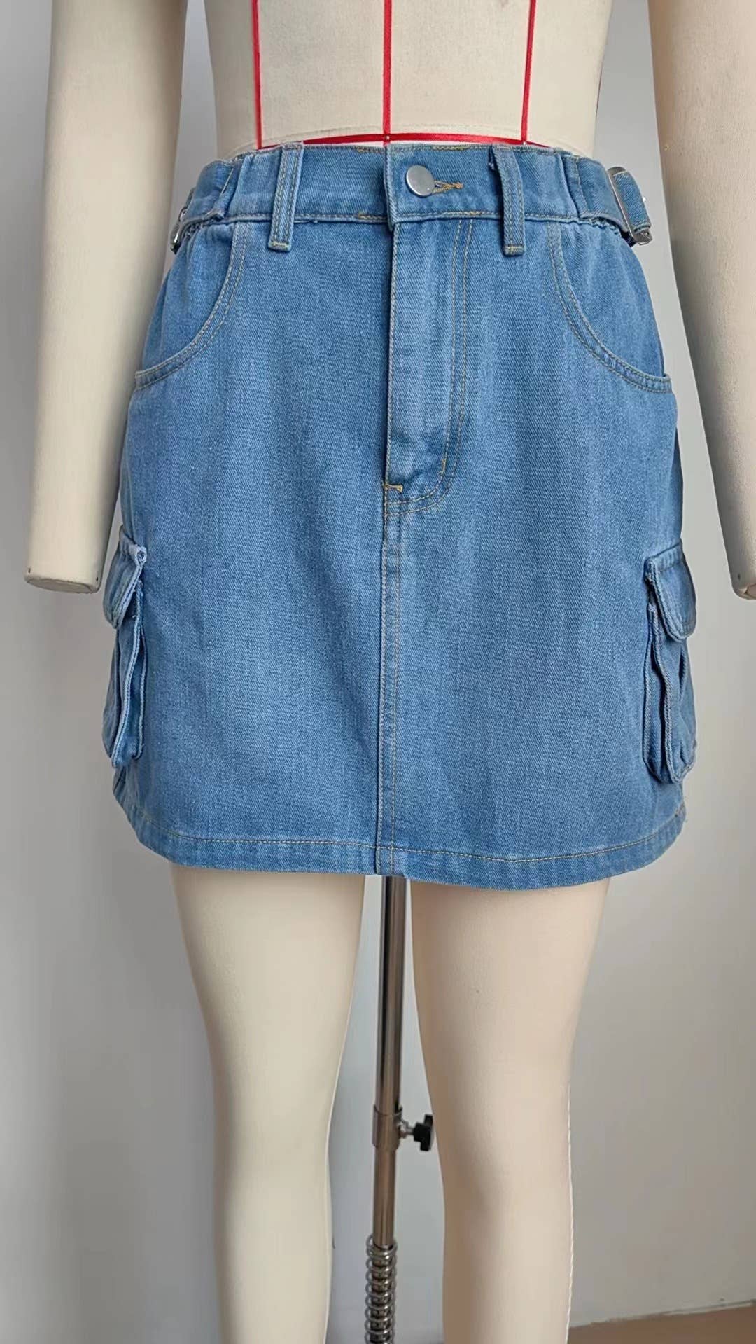 Washed Denim Skirt With Adjustable Waist