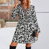 V-Neck Lace Patchwork Temperament Print Dress