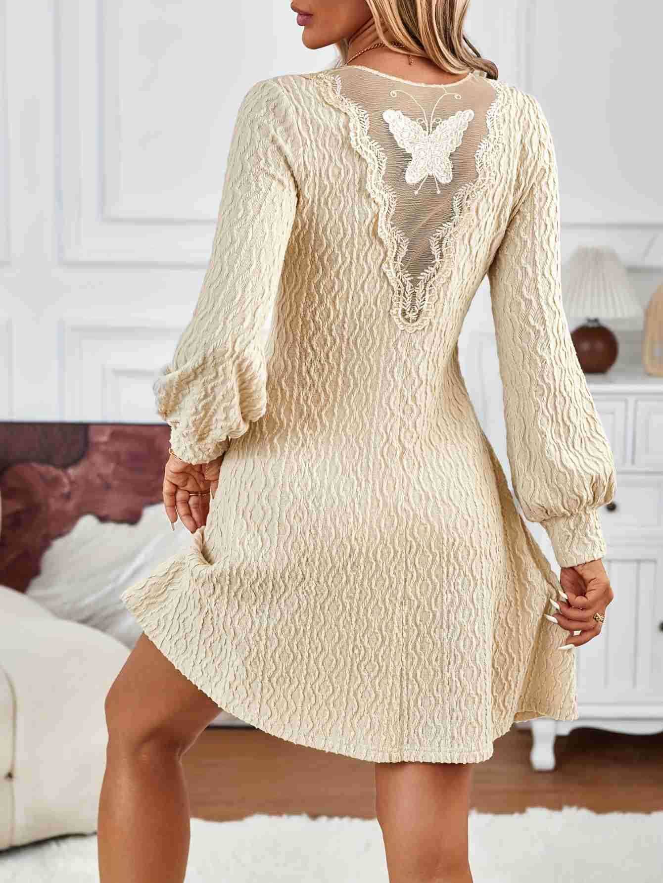 V-Neck Lantern Sleeves Solid Color Dress