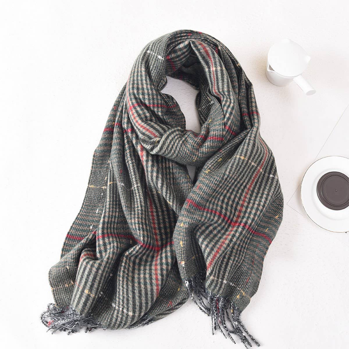 Women Color Matching Plaid Tassel Warm Scarf