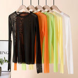 CANDY COLOR BLOUSE LONG SLEEVE MESH TOP_CWTBLL3620