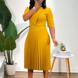 SOLID COLOR V NECK FASHIONABLE PLEATED DRESS_CWDMD3717