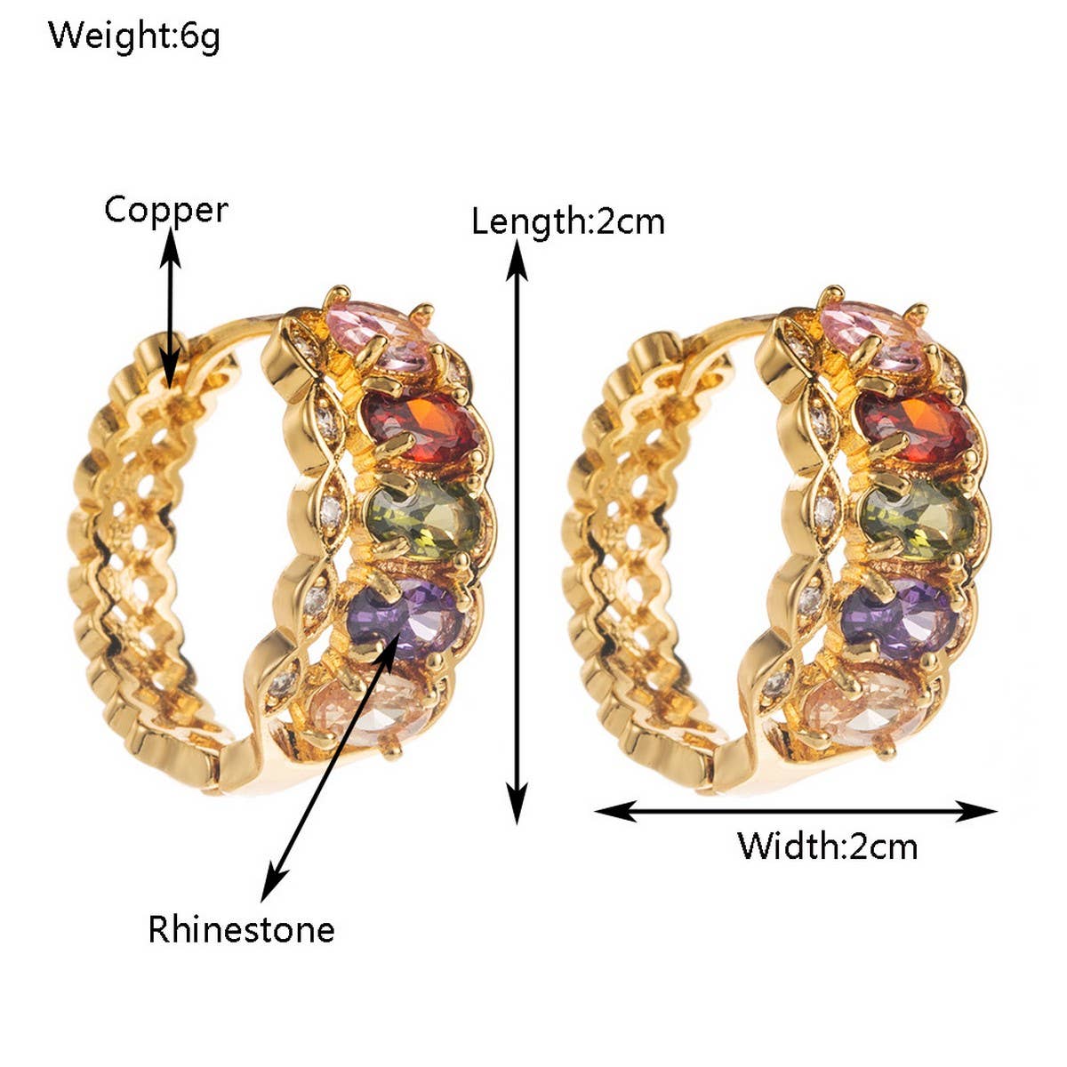 HIP HOP COLORFUL CZ HOOP EARRINGS GOLD PLATED_CWMM8515