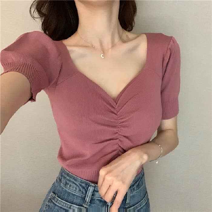 Vintage V-Neck Puffy Sleeve Knit Base T-Shirt
