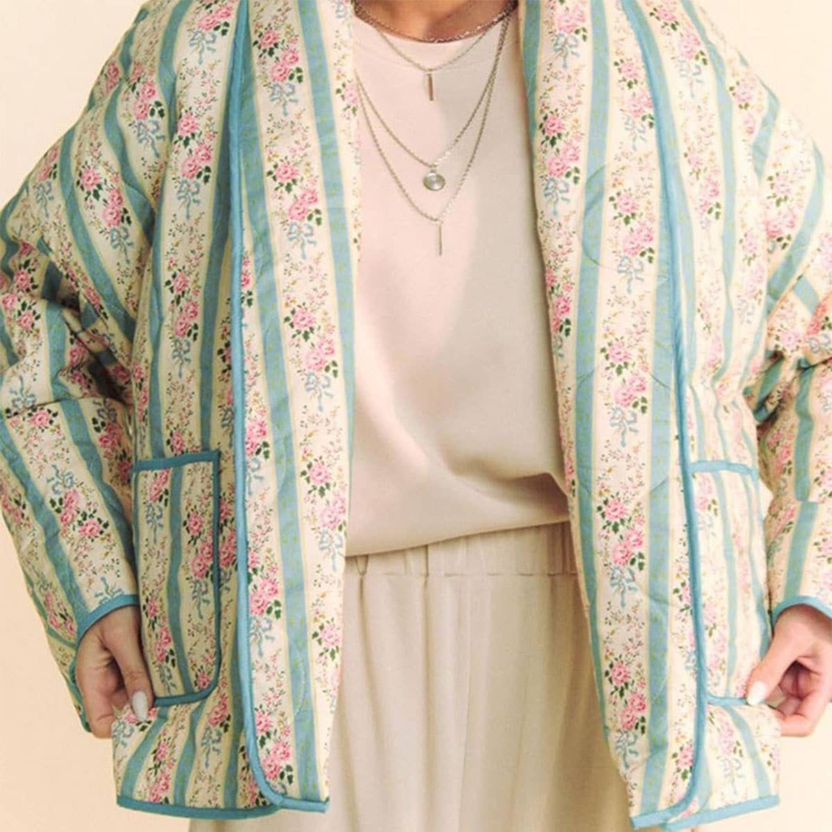 STRIPED FLORAL PRINT LOOSE QUILTED JACKET_CWOJA1552