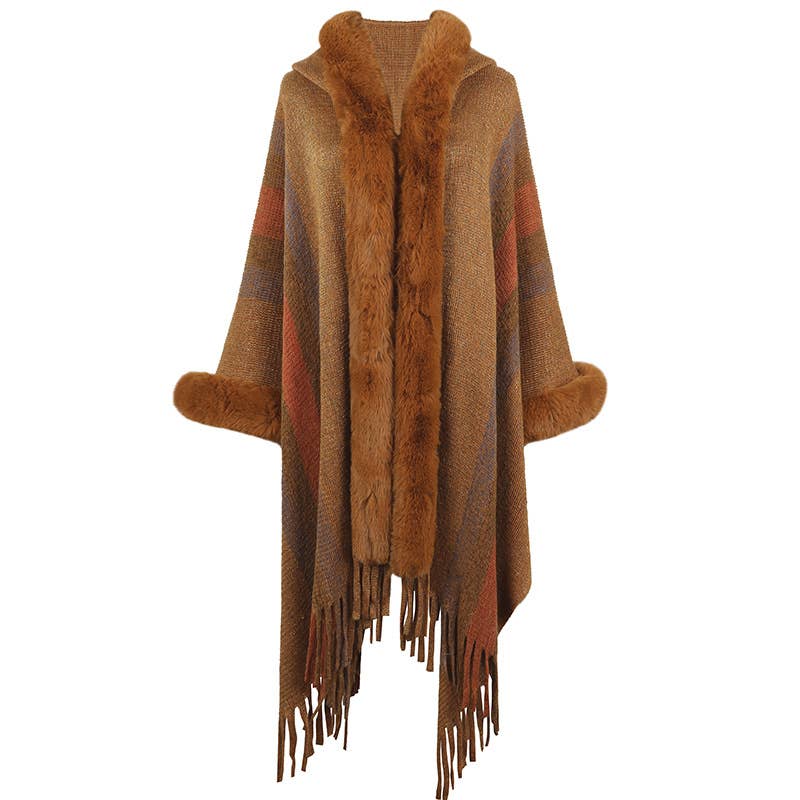 Womens Hooded Cape Striped Knitted Fringe Shawl