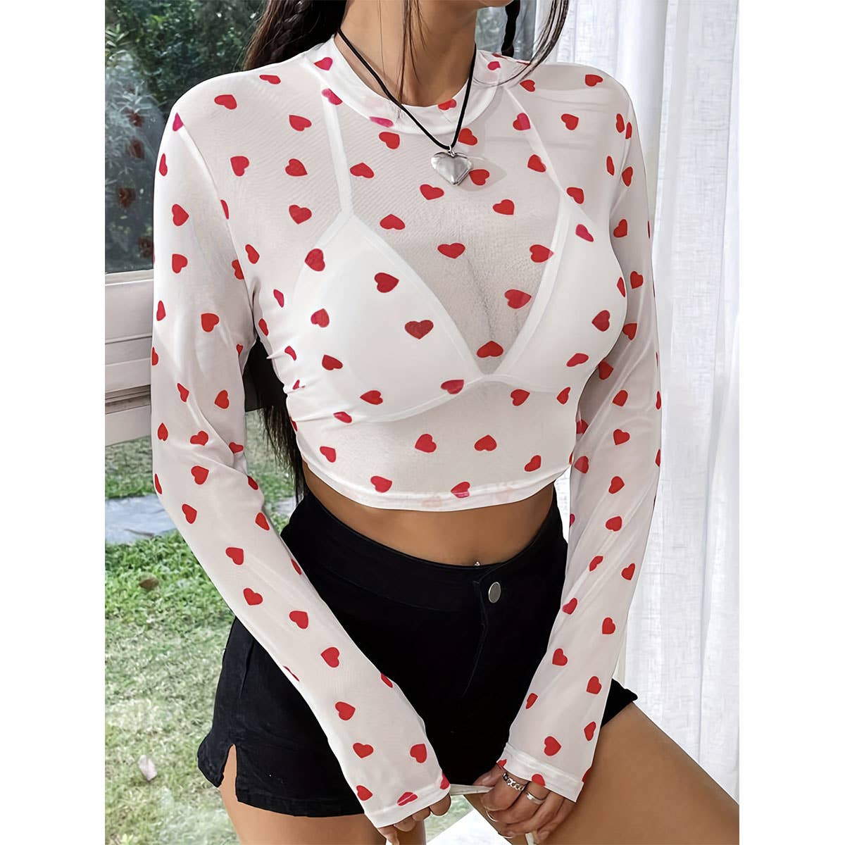 CUTE HEART PRINT MESH ROUND NECK LONG SLEEVE TOP_CWTBLL3426