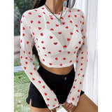 CUTE HEART PRINT MESH ROUND NECK LONG SLEEVE TOP_CWTBLL3426