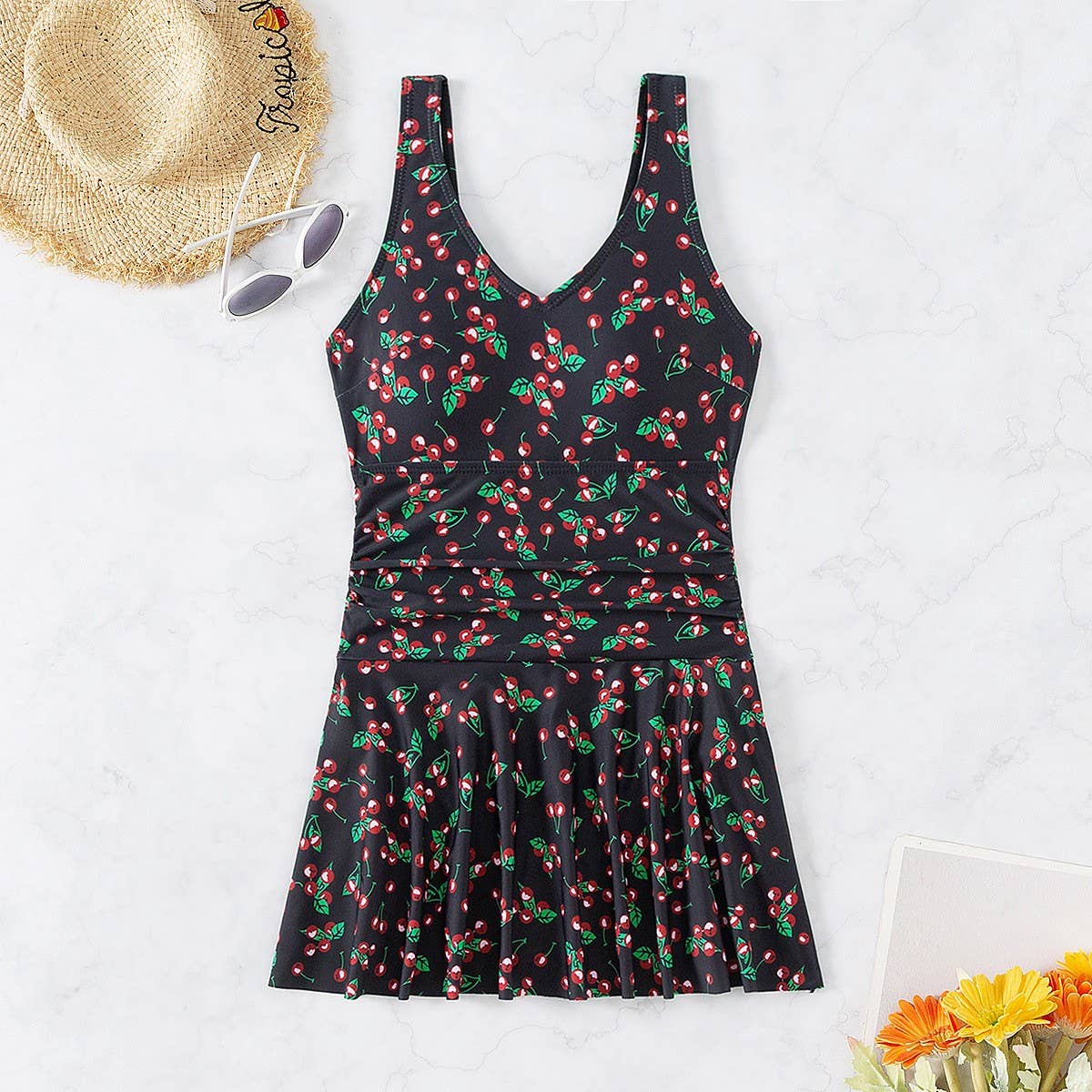 Womens Printed Suspender Skirt One-Piece Swimsuit