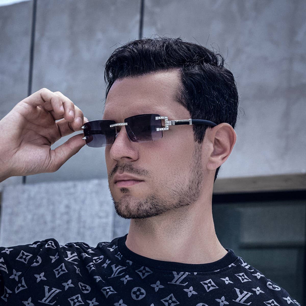 Vintage Faux Wood Frameless Diamond Sunglasses_Cwasg0653