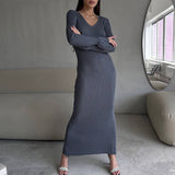 Solid Color Pit Strip Long Knit Slim-Fit Dress