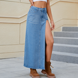 SEXY HIGH SLIT WASHED DENIM MAXI SKIRT WOMEN_CWJSK0201