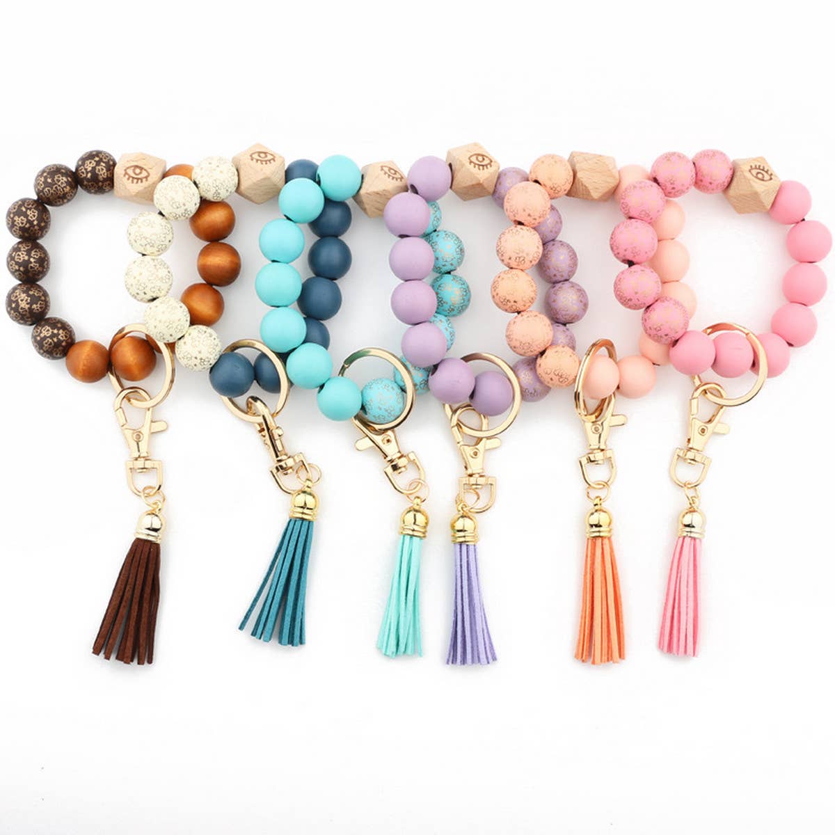 PRINTED WOODEN BEADS SPOTS TASSEL KEYCHAIN_CWMM1323