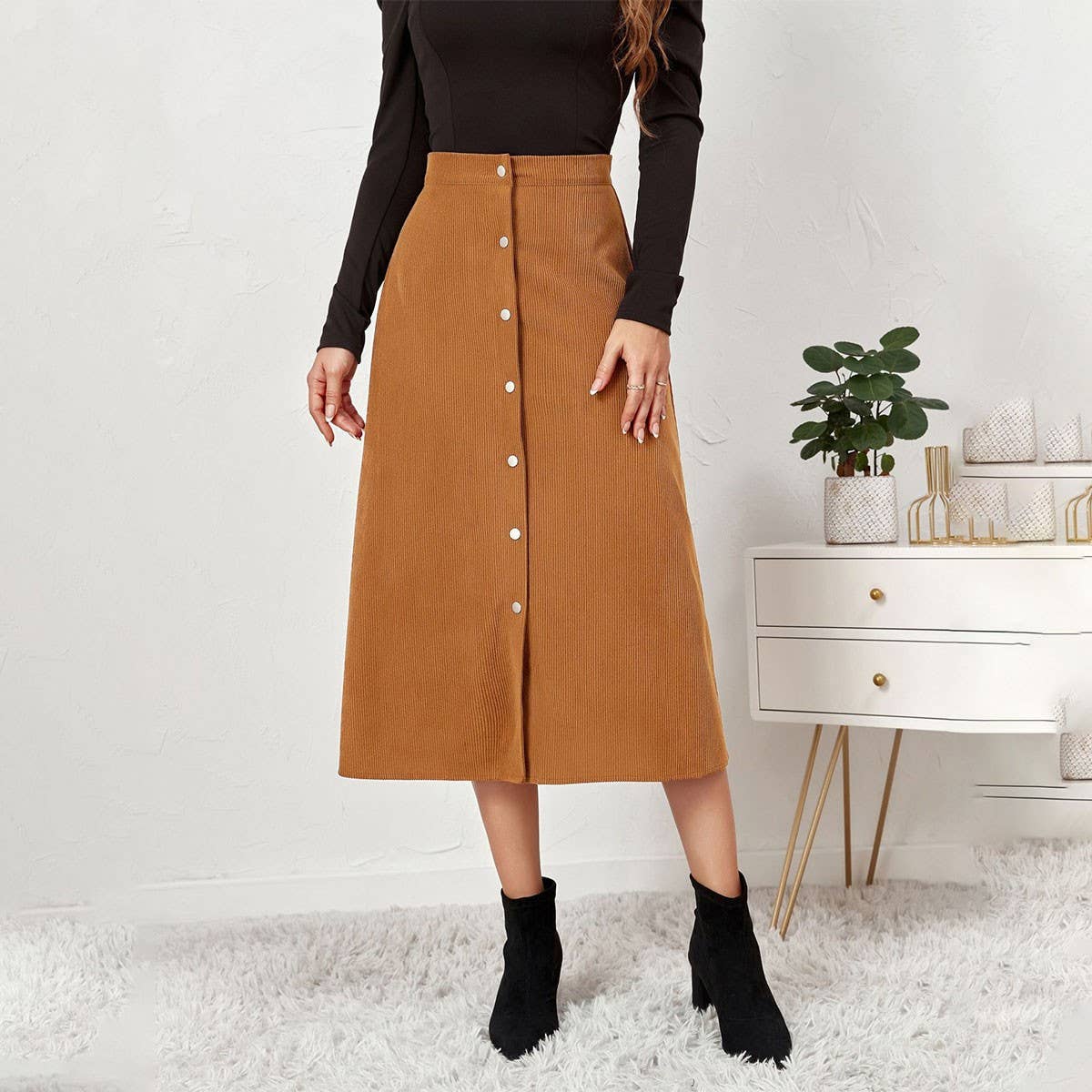 CORDUROY SKIRT SINGLE BREASTED HIGH WAISTLONGSKIRT_CWBSS0372
